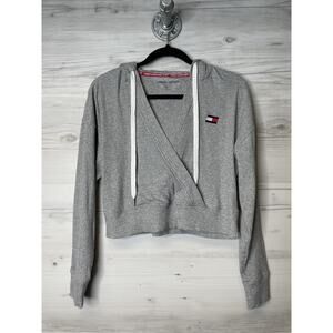Tommy Hilfiger Hoodie Womens Small Gray Ribbed Crop Wrap Pullover Athletic Sport